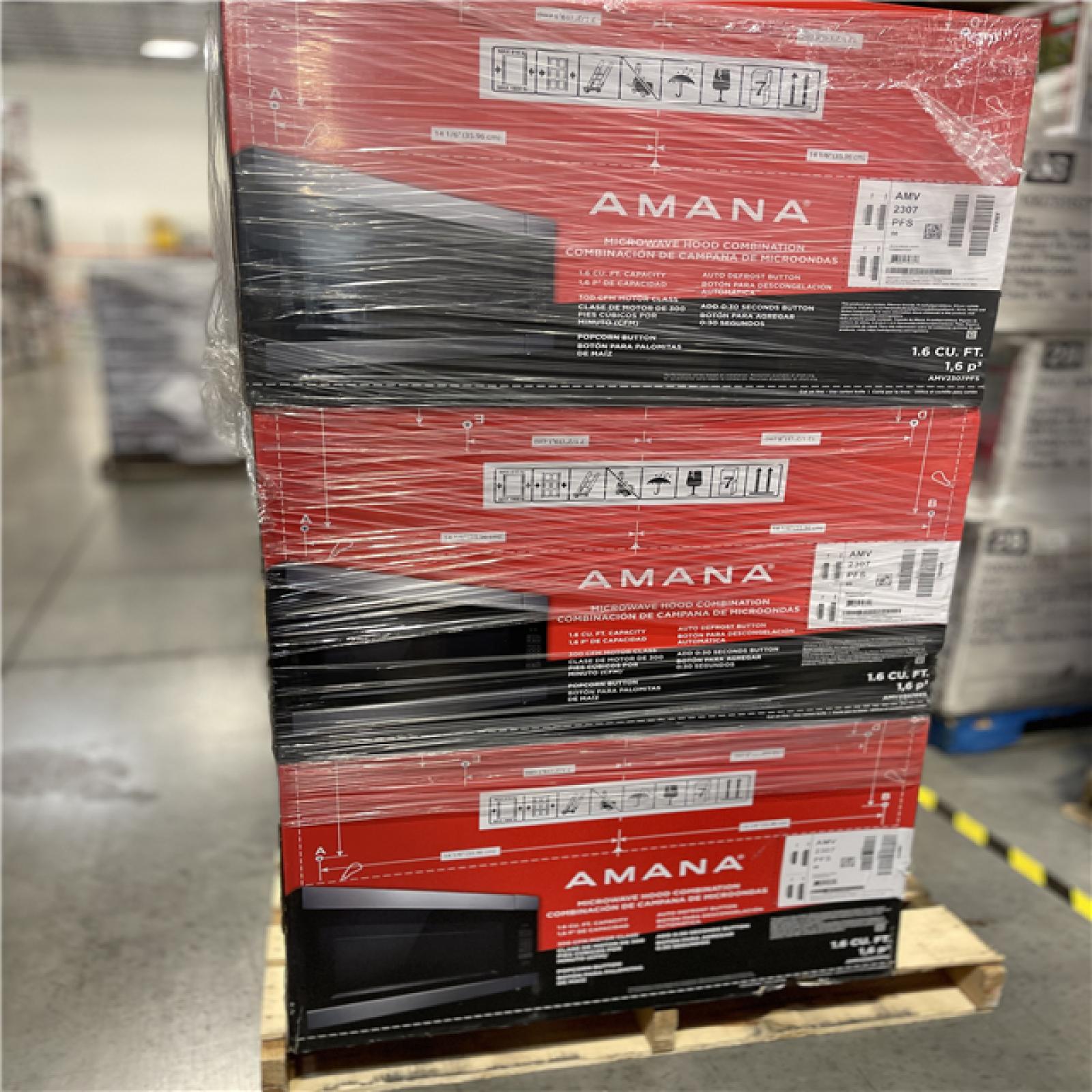 DALLAS LOCATION- NEW!- Amana 1.6 cu. ft. Stainless Steel Electric 1000-Watt Over the Range Microwave 300 Exhaust CFM PALLET (6 UNITS)