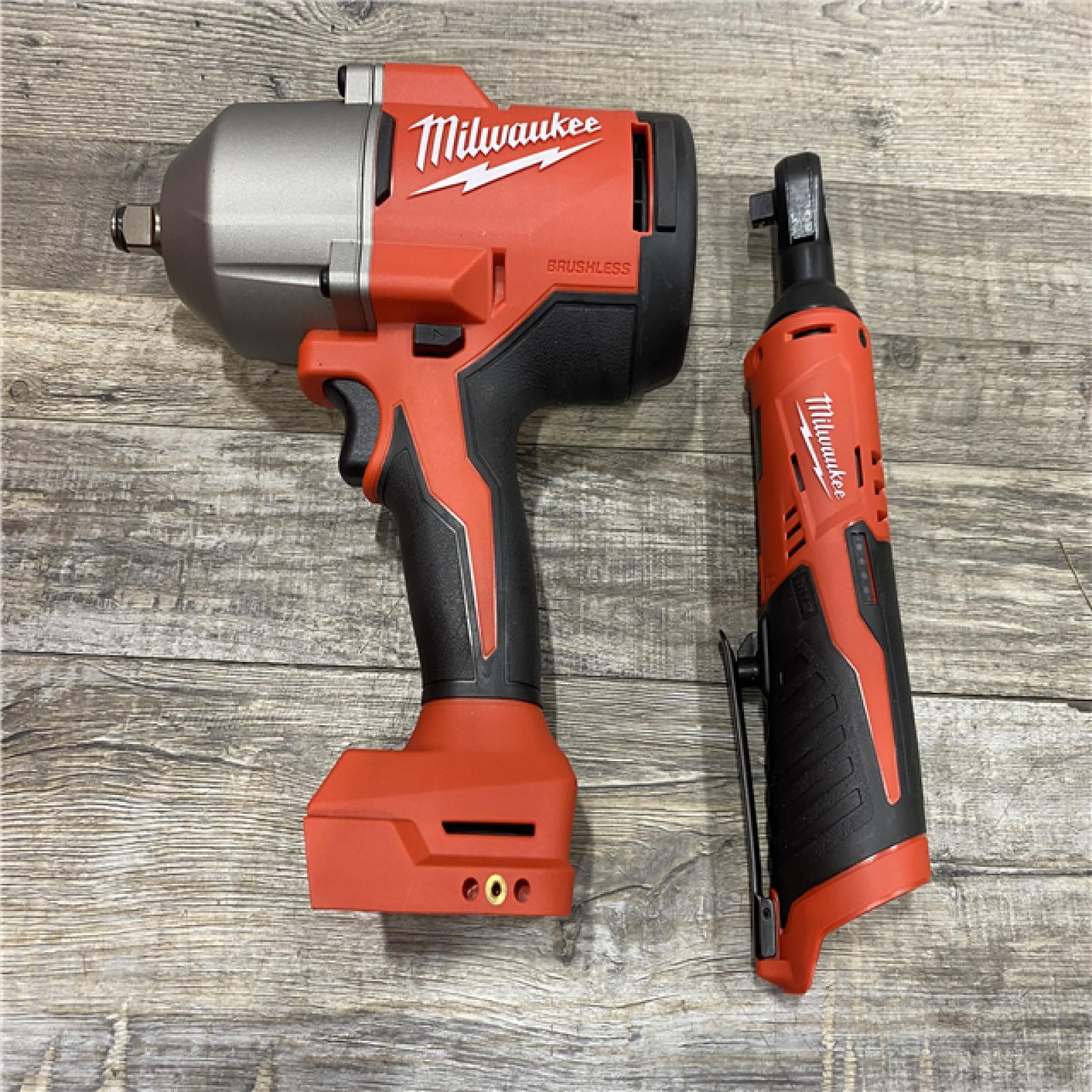 AS-IS Milwaukee 12/18V Lithium-Ion Cordless 3/8 in. Ratchet and 1/2 in. High Torque Impact Wrench with Friction Ring Combo Kit