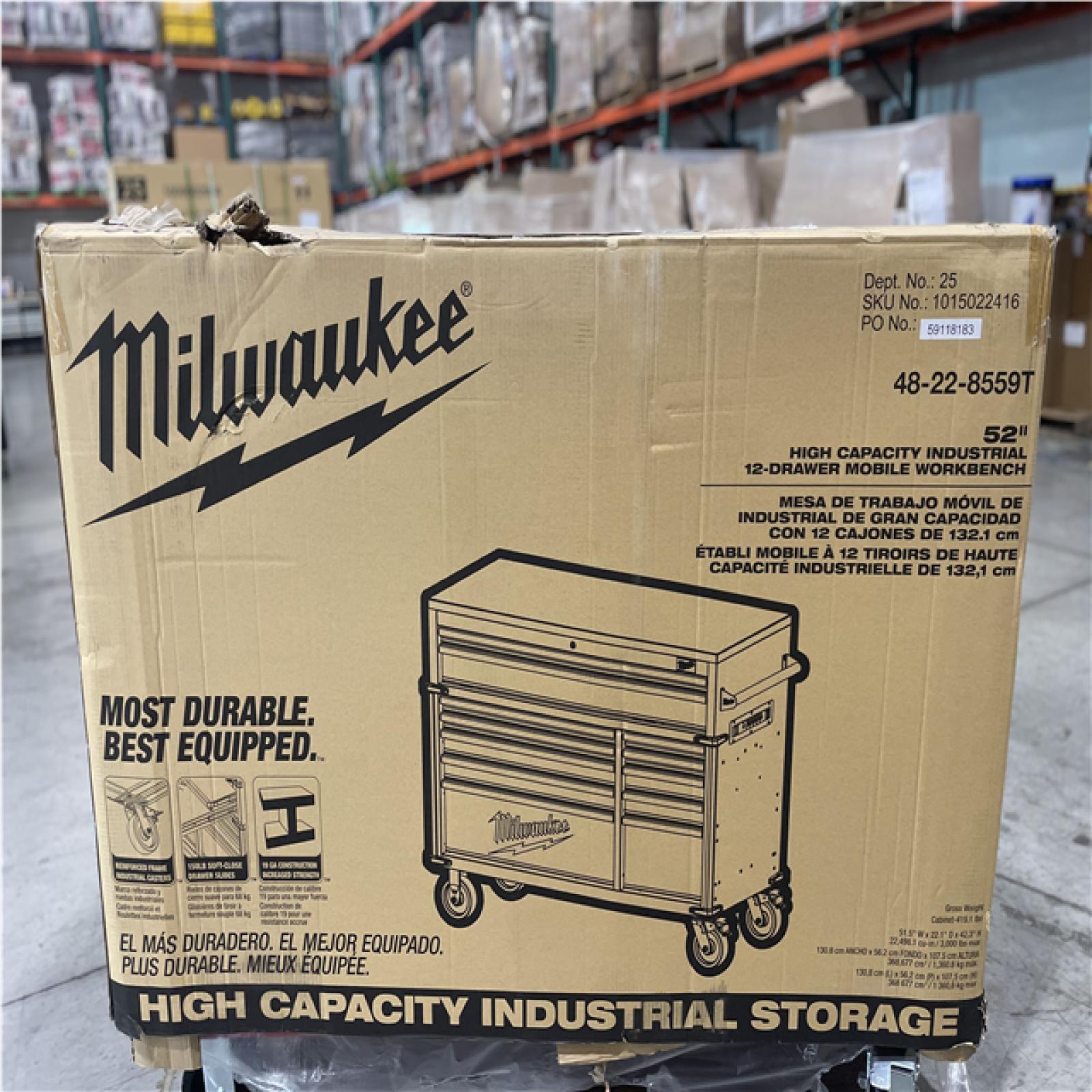 DALLAS LOCATION- AS-IS MILWAUKEE High Capacity 52 in. W x 22.1 in. D 12-Drawer Mobile Workbench Cabinet w/ Wood Top
