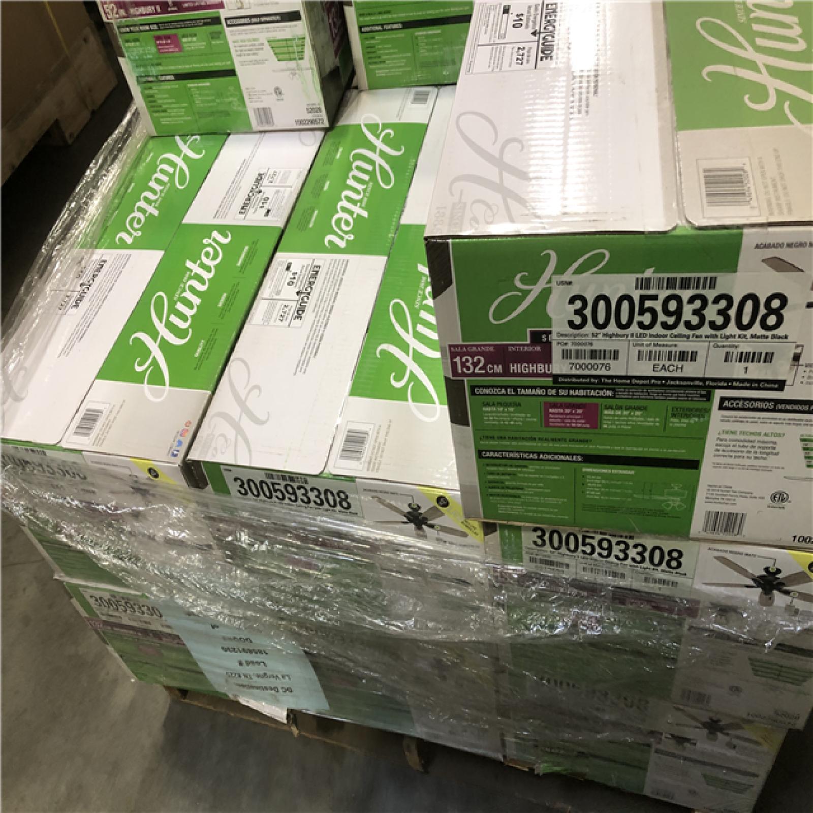 DALLAS LOCATION - Hunter Highbury II 52 In. LED Indoor Matte Black Ceiling Fan With Light Kit PALLET-(16 UNITS)