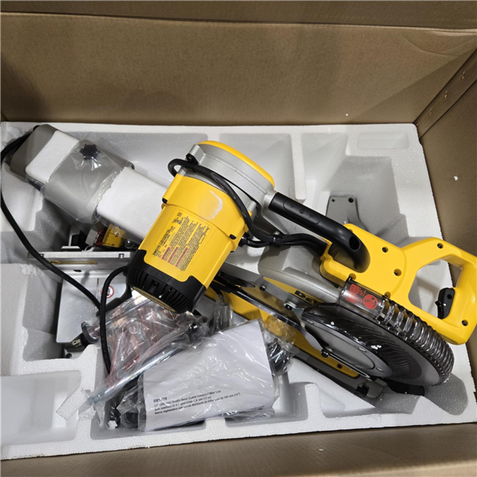AS-IS DEWALT 15 Amp Corded 12 in. Double Bevel Sliding Compound Miter Saw, Blade Wrench and Material Clamp