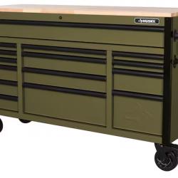 DALLAS LOCATION- Husky Heavy Duty 61 in. W x 23 in. D 15-Drawer Matte Army Green Mobile Workbench Cabinet with Solid Wood Top