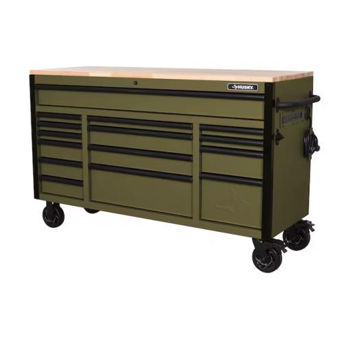 DALLAS LOCATION- Husky Heavy Duty 61 in. W x 23 in. D 15-Drawer Matte Army Green Mobile Workbench Cabinet with Solid Wood Top