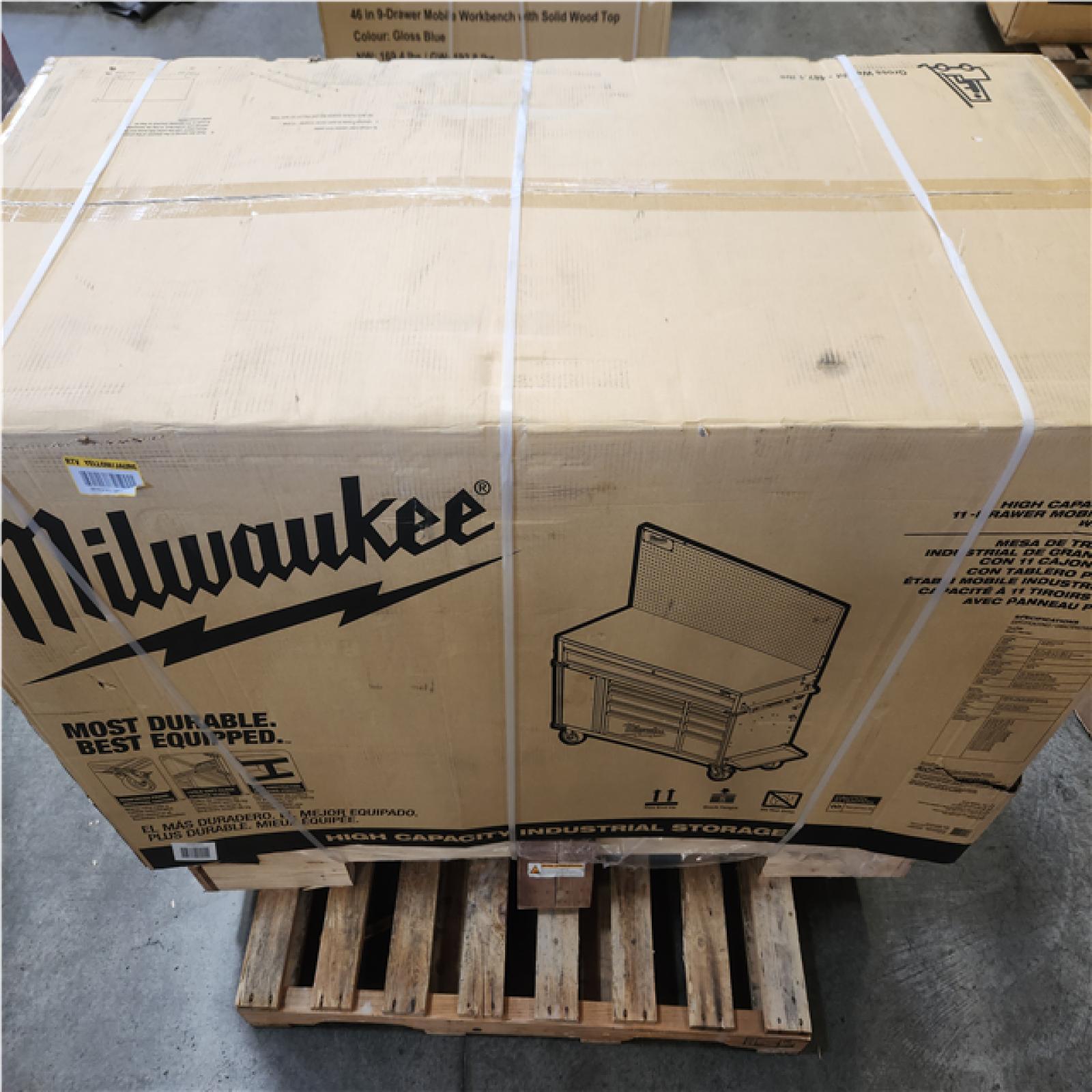 Phoenix NEW Milwaukee High Capacity 61 in. W x 22.1 in D 11-Drawer Mobile Workbench Cabinet with Solid Wood Top and Pegboard