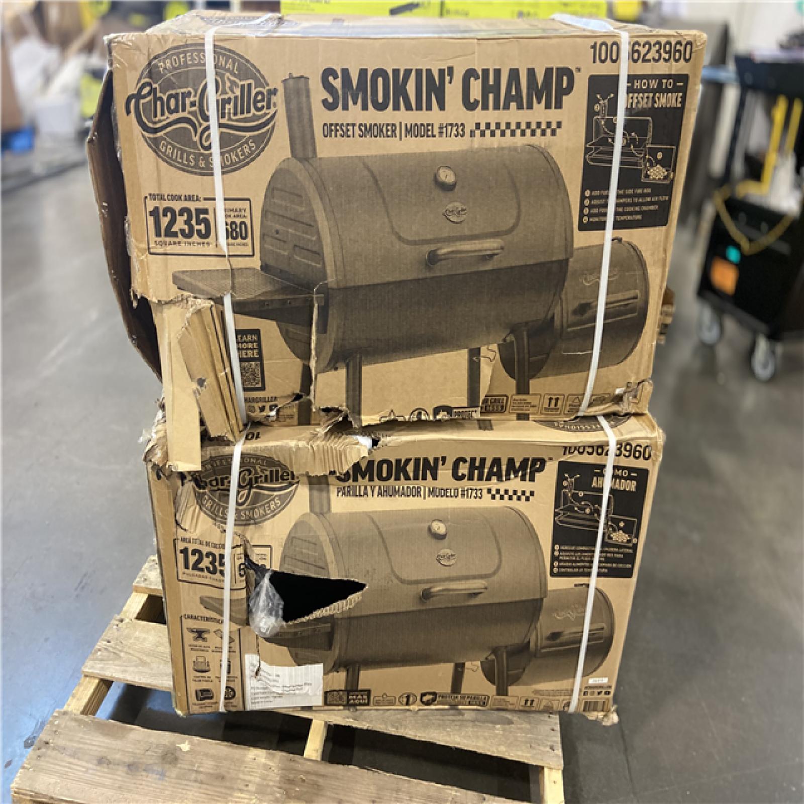 DALLAS LOCATION - Char-Griller Smokin' Champ Charcoal Grill Offset Smoker in Black with Charcoal Tray and Dual Damper Controls 2 UNITS