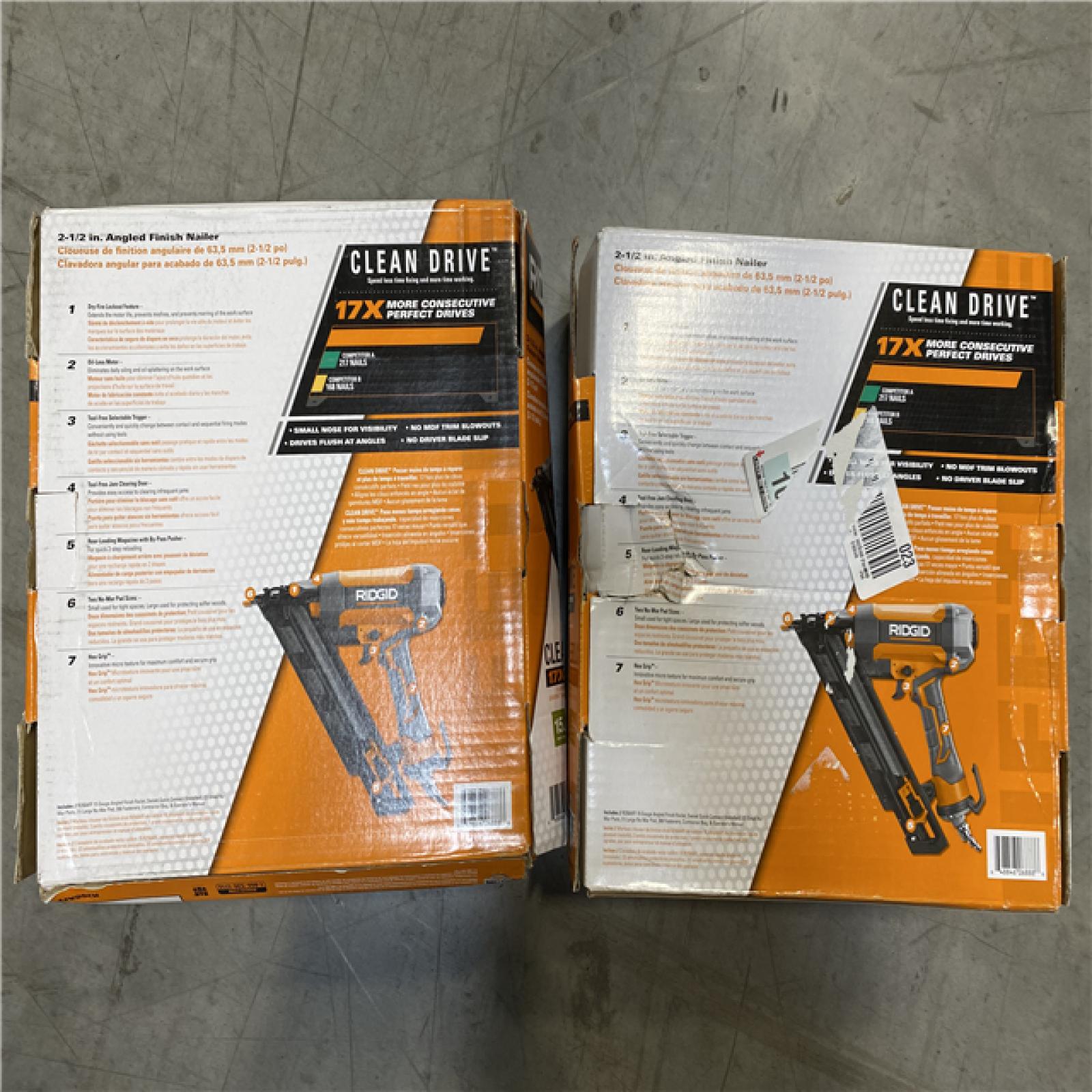 DALLAS LOCATION -RIDGID Pneumatic 15-Gauge 2-1/2 in. Angled Finish Nailer with CLEAN DRIVE Technology, Tool Bag, and Sample Nails