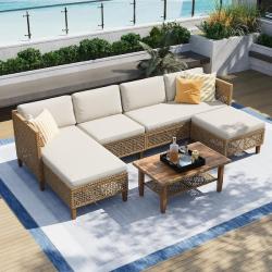 Phoenix LIKE NEW Brown 5-Piece Wood Outdoor Wicker Patio Conversation Sectional Seating Set with Beige Cushions