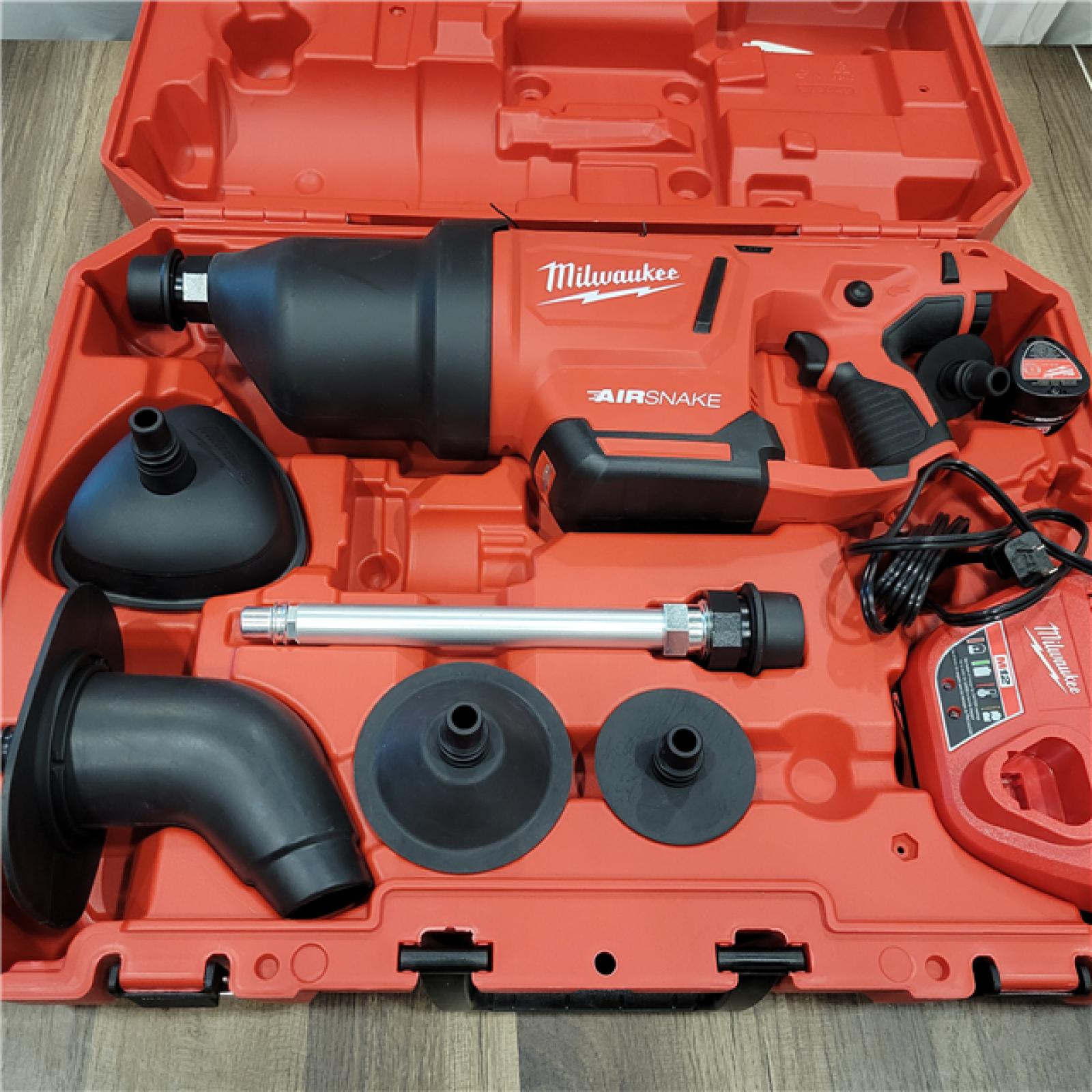 AS-IS Milwaukee M12 12-Volt Lithium-Ion Cordless Drain Cleaning Airsnake Air Gun Kit with (1) 2.0Ah Battery, Toilet Attachments