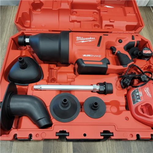 AS-IS Milwaukee M12 12-Volt Lithium-Ion Cordless Drain Cleaning Airsnake Air Gun Kit with (1) 2.0Ah Battery, Toilet Attachments