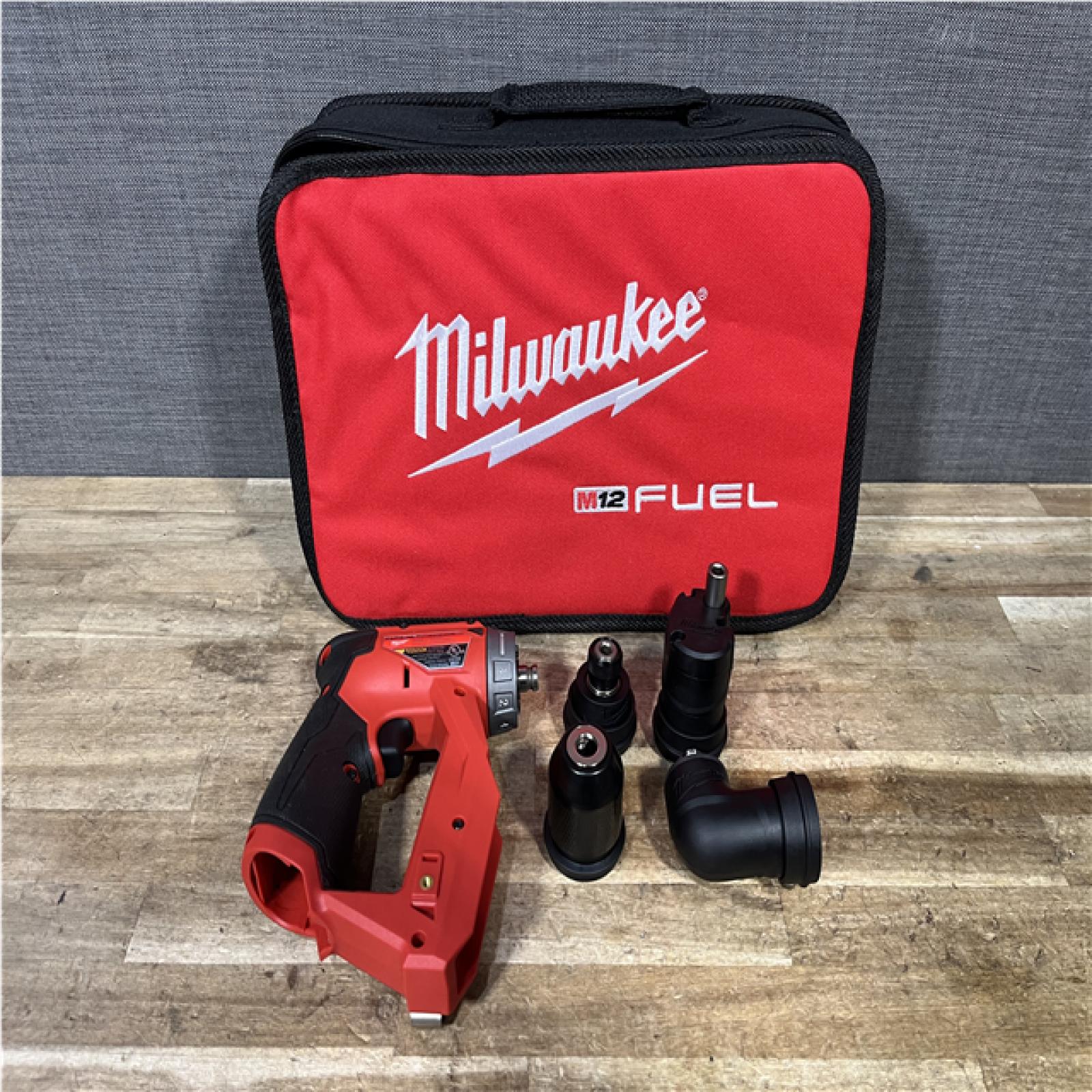 Houston Location AS-IS Milwaukee FUEL 12V Lithium-Ion Brushless Cordless 4-in-1 Installation 3/8 in. Drill Driver with 4 Tool Head (Tool-Only)