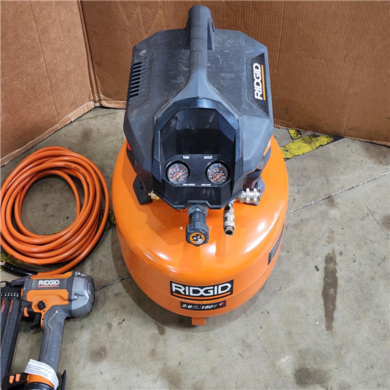HOUSTON LOCATION - AS-IS (APPEARS LIKE NEW) RIGID 6 Gal. 150 PSI Electric Air Compressor with 25 Ft. Hose  18GA Brad Nailer  16GA Finish Nailer and 18GA Finish Stapler