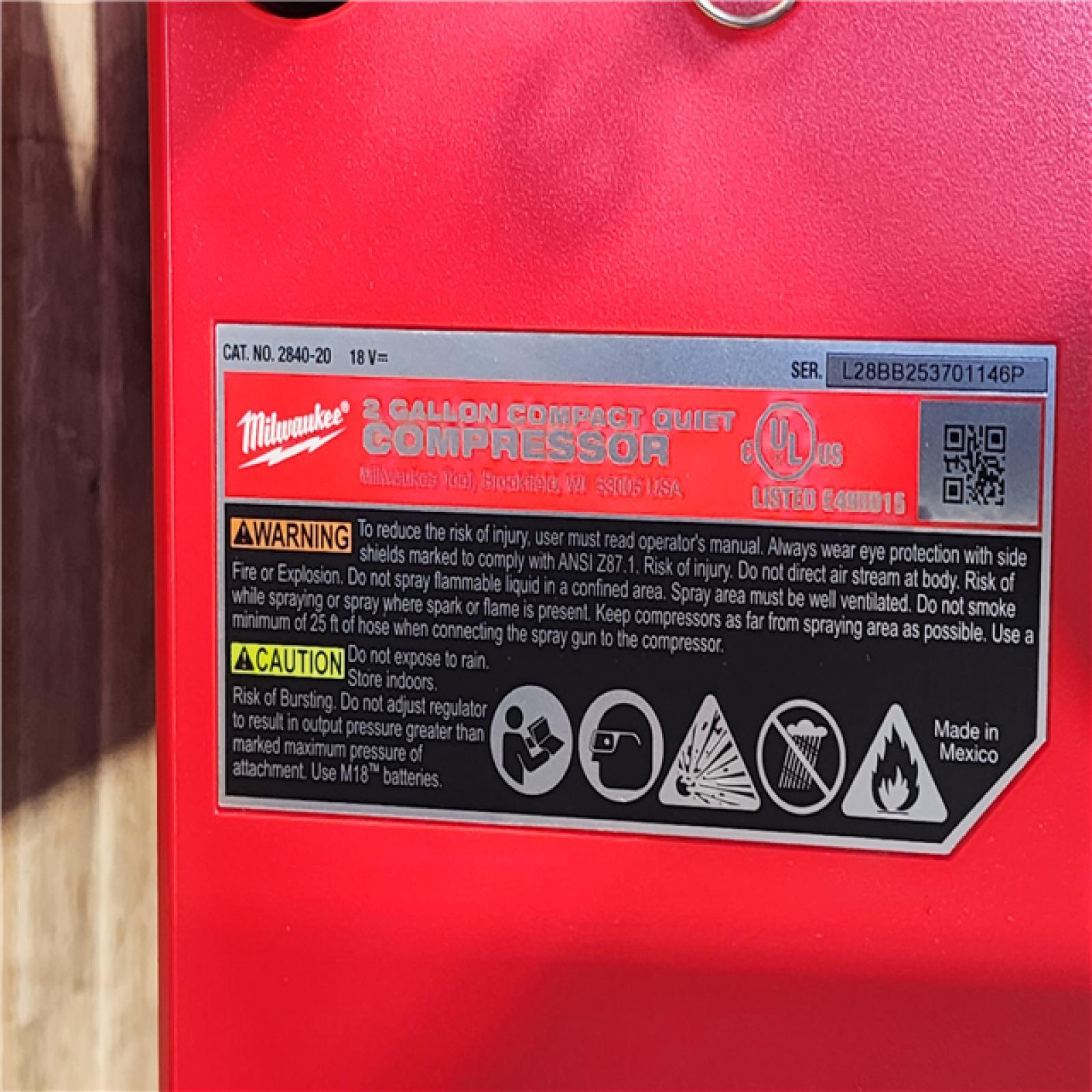 HOUSTON LOCATION - AS-IS (APPEARS LIKE NEW) Milwaukee FUEL 18-Volt Lithium-Ion Brushless Cordless 2 Gal. Electric Compact Quiet Compressor (Tool-Only)