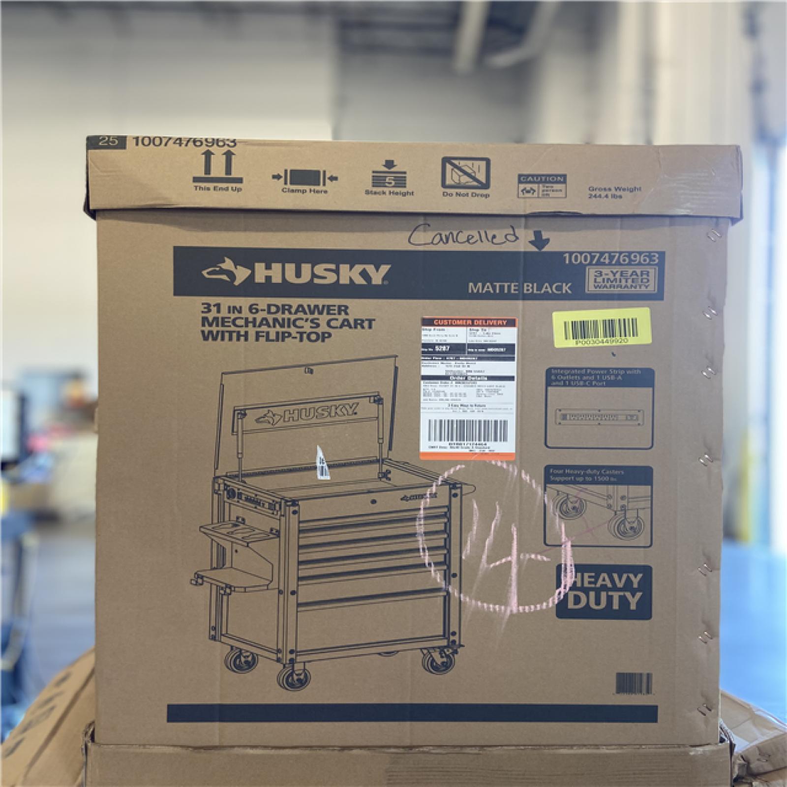 DALLAS LOCATION -Husky Tool Storage 31 in. W 6-Drawer Black Rolling Tool Cart