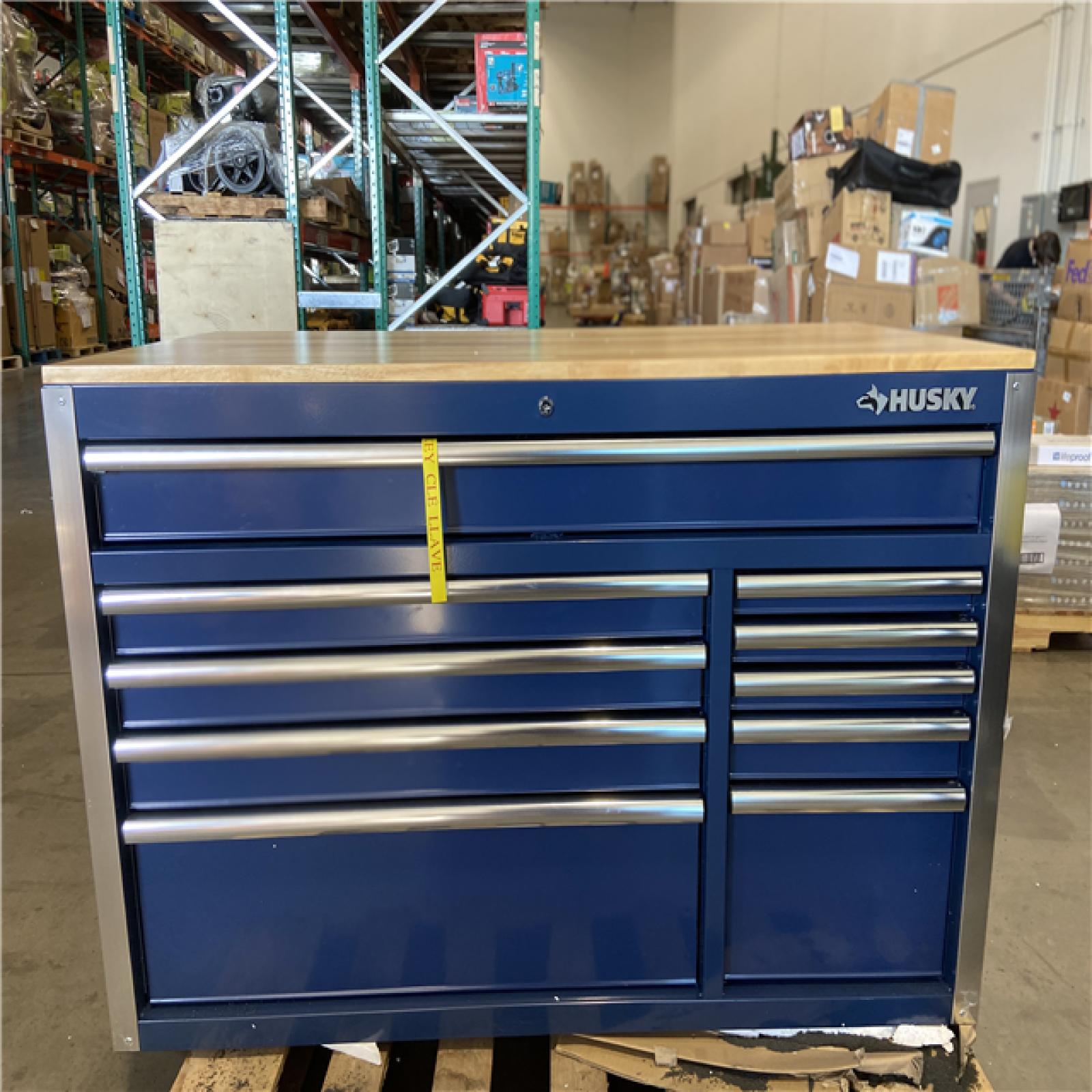 DALLAS LOCATION - Husky 52 in. W x 25 in. D 10-Drawer Mobile Workbench Tool Chest with Solid Wood Work Top in Gloss Blue