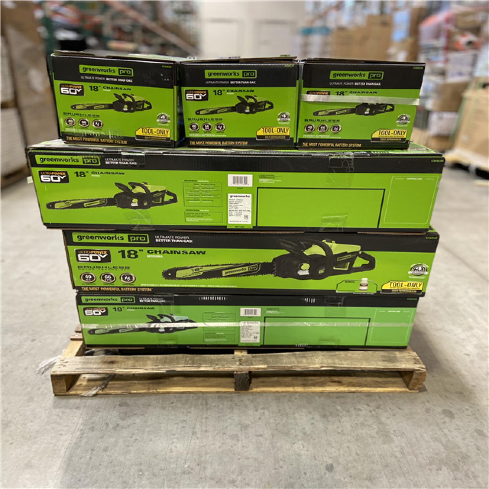DALLAS LOCATION - Greenworks Pro Bare Tool 60-Volt Max Lithium Ion 18-Inch GEN2 Brushless Cordless Electric Chainsaw; Battery and Charger Not Included 15 (UNITS)