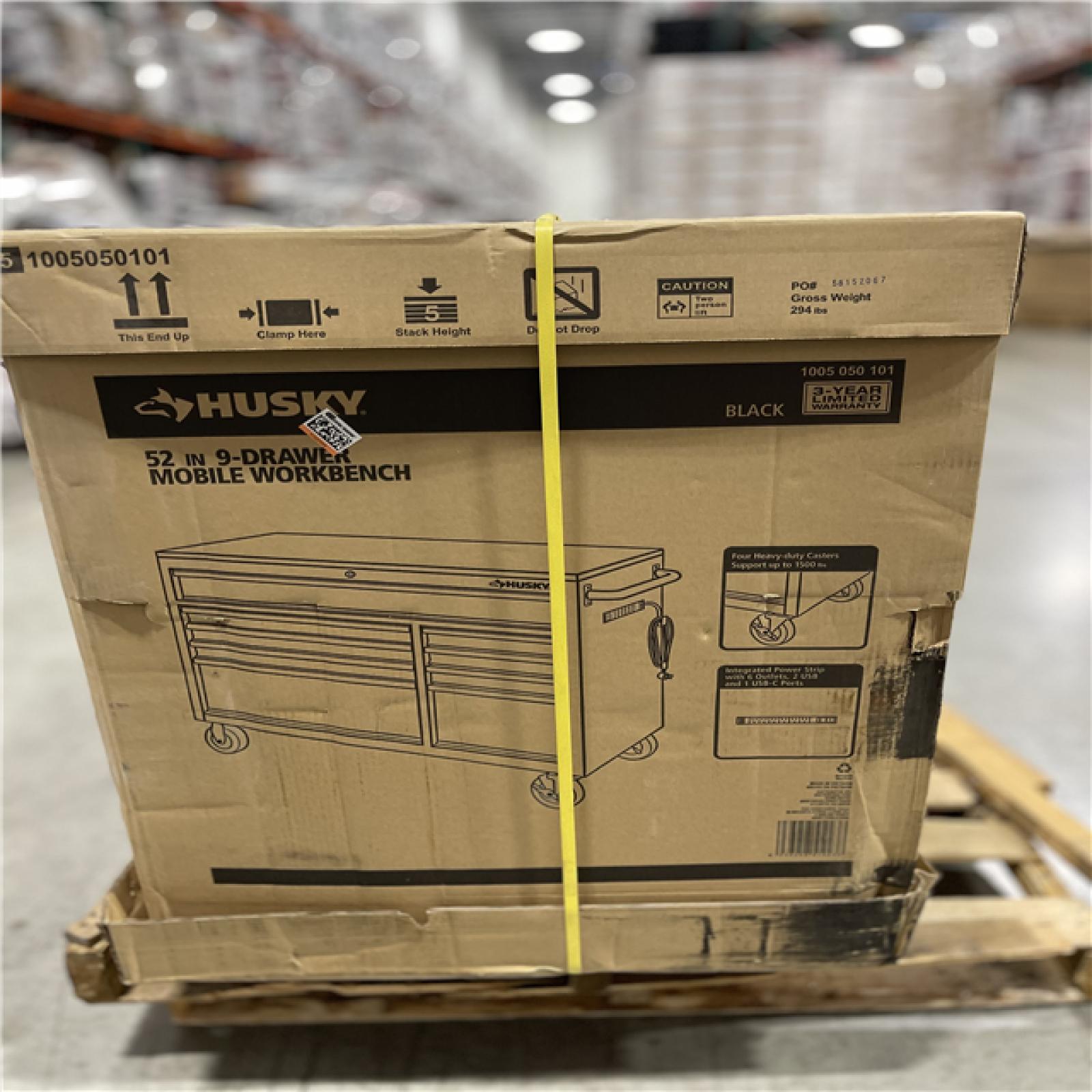 DALLAS LOCATION - Husky 52 in. W x 25 in. D Standard Duty 9-Drawer Mobile Workbench Tool Chest with Solid Wood Top in Gloss Black