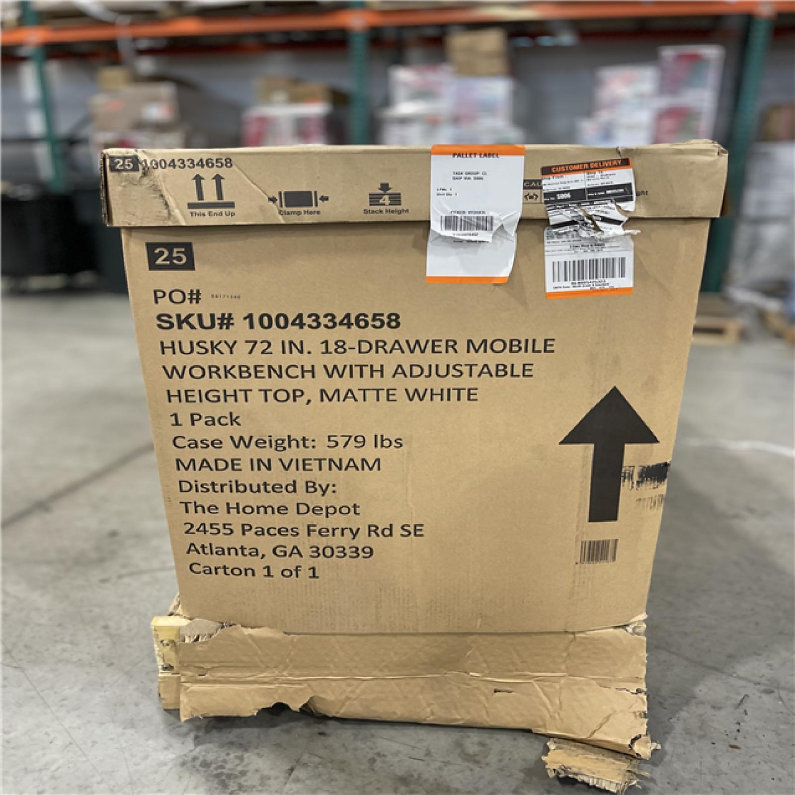 DALLAS LOCATION -AS-IS Husky Tool Storage 72 in. W x 24 in. D 18-Drawer Heavy Duty Adjustable Height Mobile Workbench Cabinet in Matte White