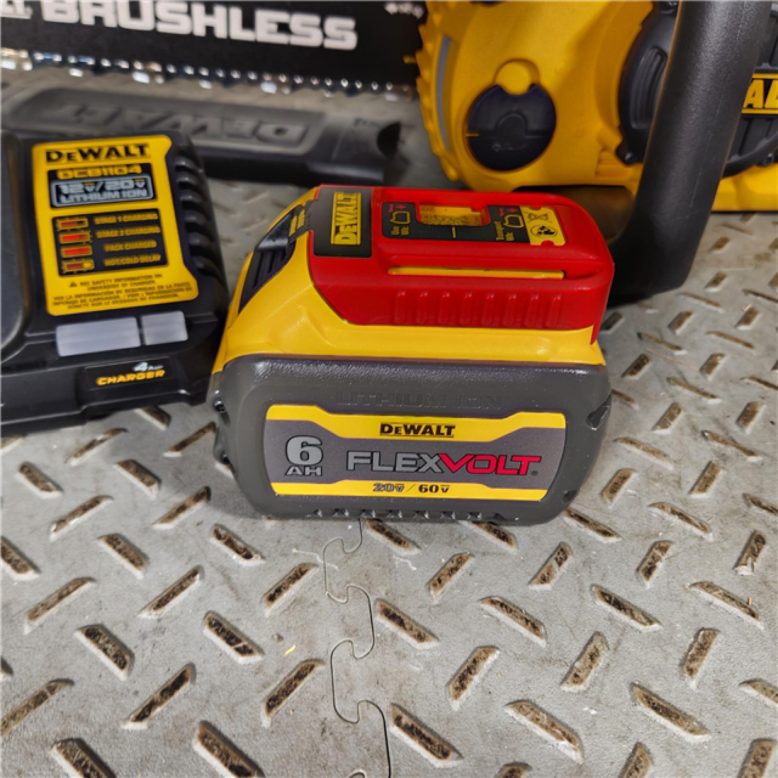 Houston location- AS-IS DEWALT 60V MAX 16in. Brushless Battery Powered Chainsaw Kit with (1) FLEXVOLT 2Ah Battery & Charger Appears in new condition
