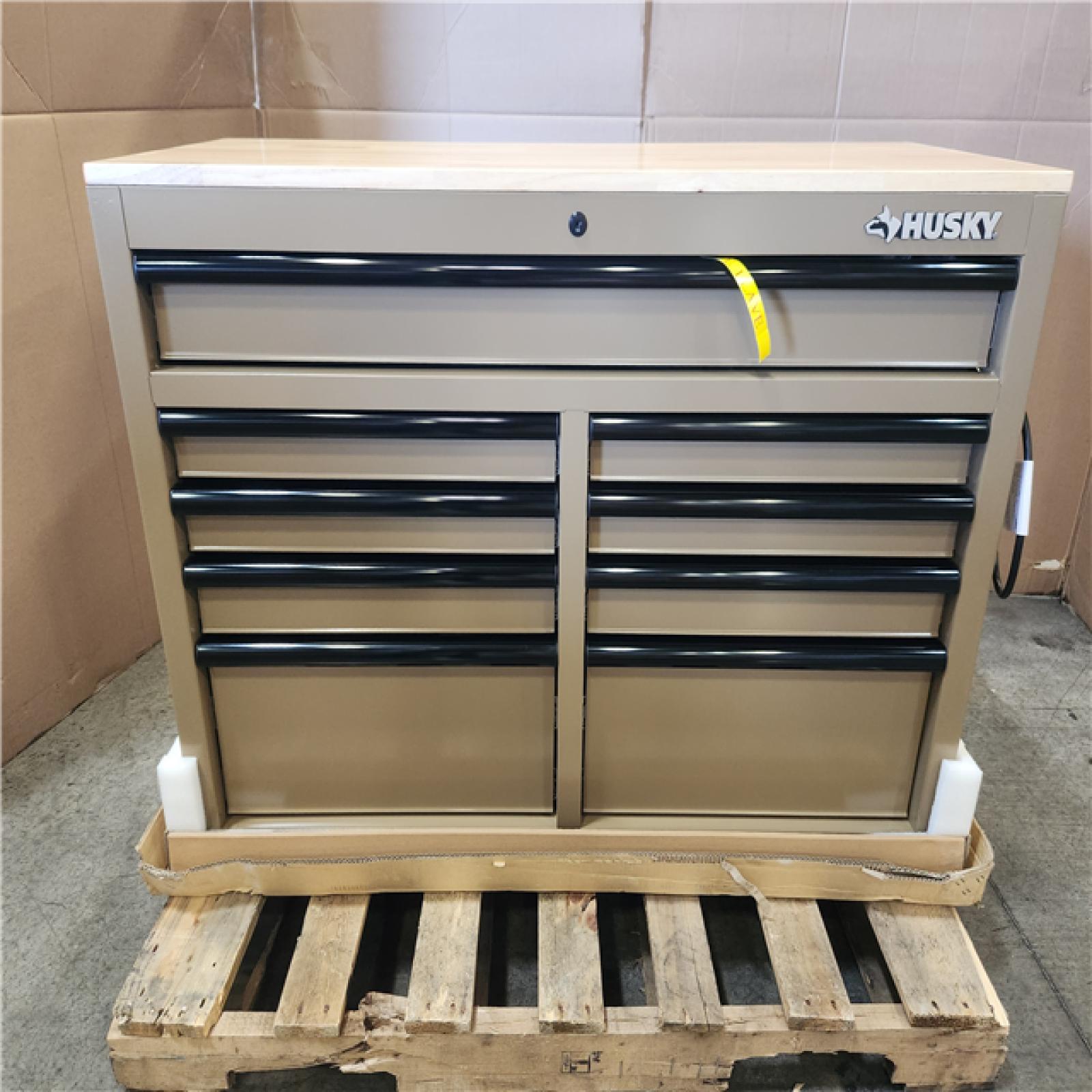 Phoenix NEW Husky Standard Duty 46 in. W x 18 in. D 9-Drawer Gloss Tan Mobile Workbench Cabinet with Solid Wood Top