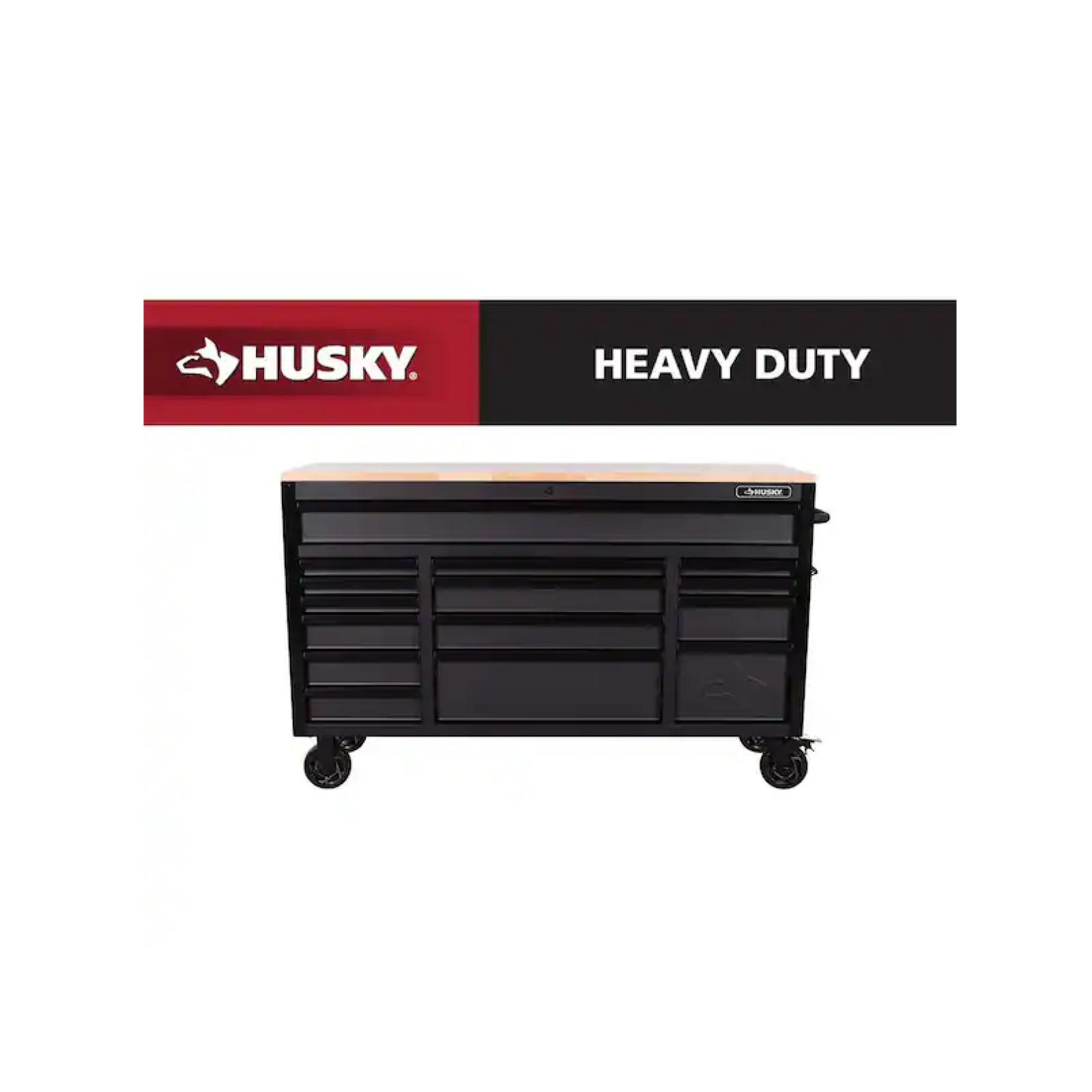 DALLAS LOCATION - Husky Heavy-Duty 61 in. W x 23 in. D 15-Drawer Matte Black Mobile Workbench Cabinet with Solid Wood Top