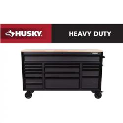 DALLAS LOCATION - Husky Heavy-Duty 61 in. W x 23 in. D 15-Drawer Matte Black Mobile Workbench Cabinet with Solid Wood Top