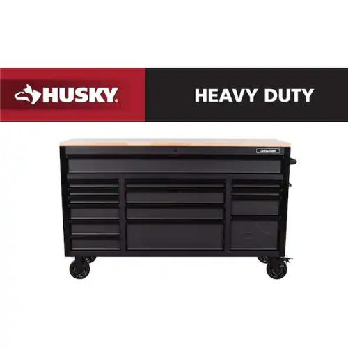 DALLAS LOCATION - Husky Heavy-Duty 61 in. W x 23 in. D 15-Drawer Matte Black Mobile Workbench Cabinet with Solid Wood Top
