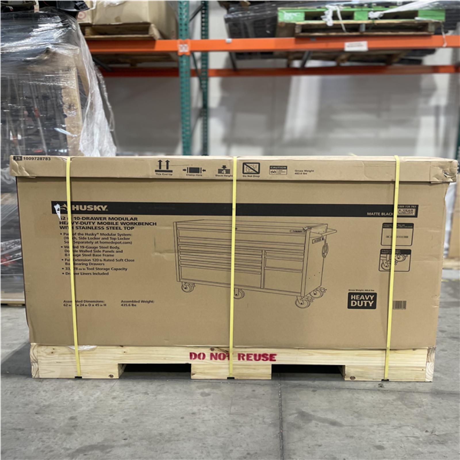 DALLAS LOCATION- HUSKY 62 in. W X 24 in. D Heavy Duty Matte Black Mobile Workbench Cabinet w/ Stainless Steel Top