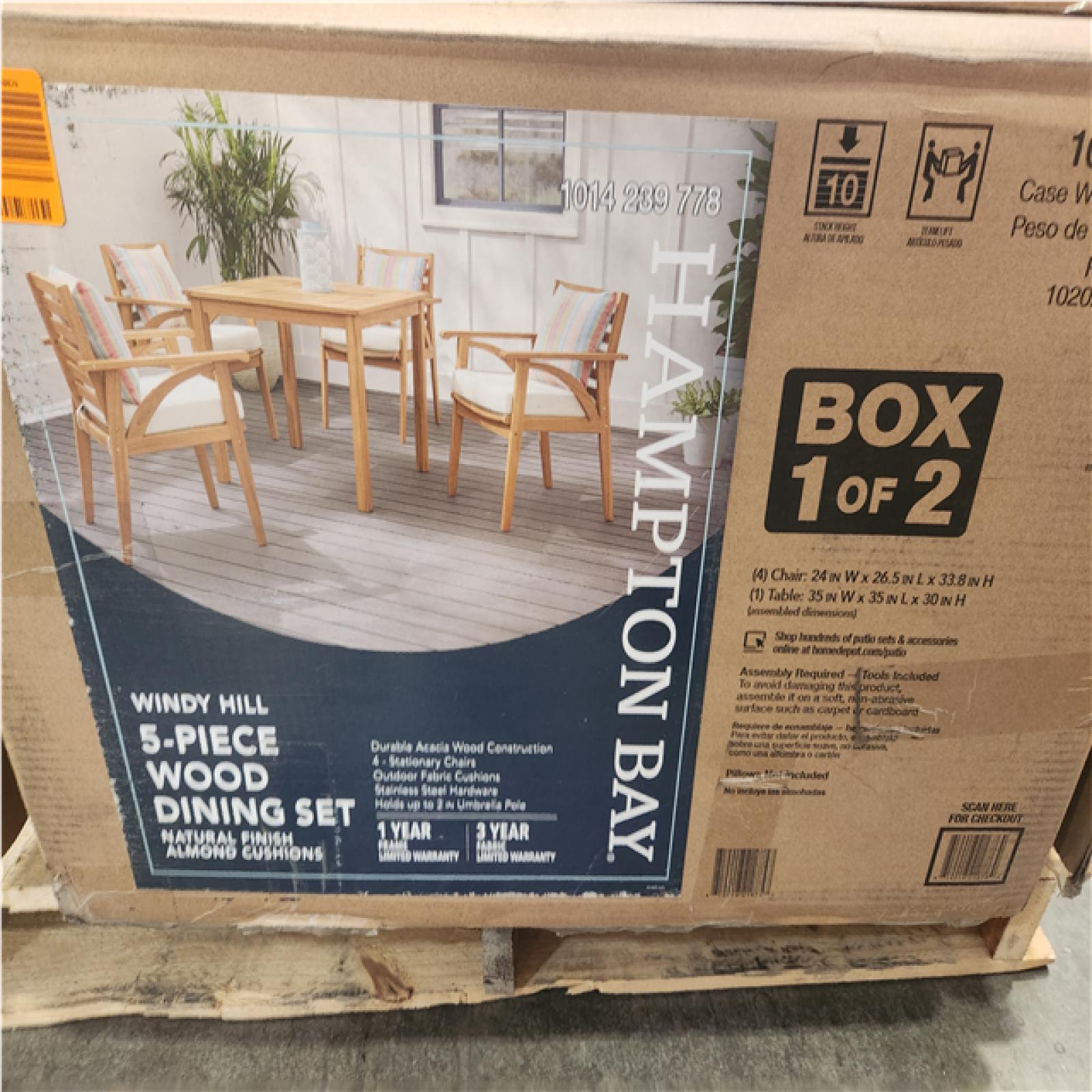 Phoenix NEW Hampton Bay Windy Hill 5-Piece Acacia Wood Outdoor Dining Set with CushionGuard Almond Biscotti Cushions