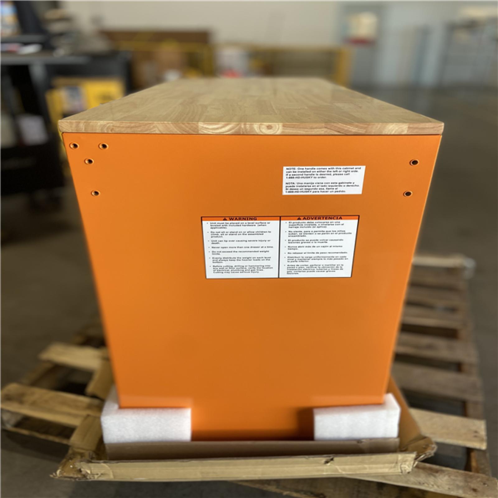 DALLAS LOCATION - Husky 46 in. W x 18 in. D 9-Drawer Gloss Orange Mobile Workbench Cabinet with Solid Wood Top