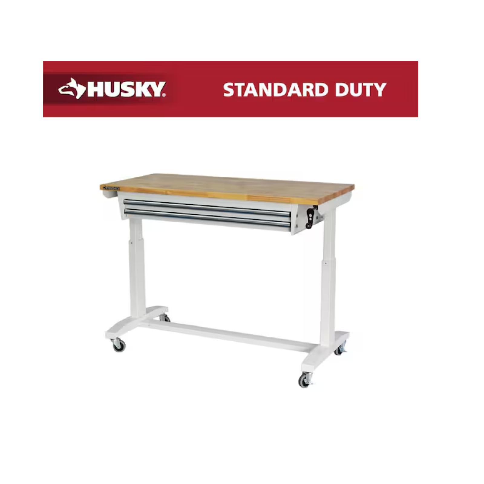 DALLAS LOCATION - Husky 52 in. W x 24 in. D 2-Drawer Adjustable Height White Workbench Table with Solid Wood Top PALLET-(4 UNITS)