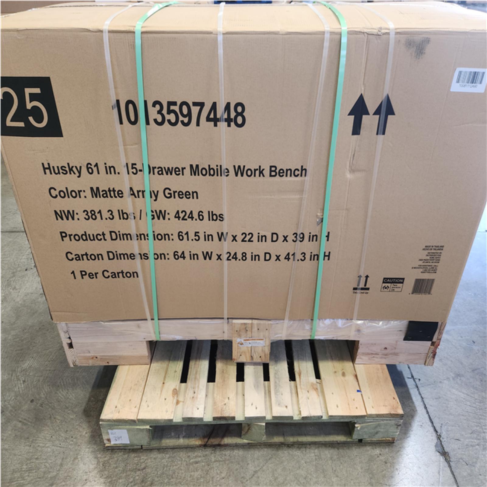 Phoenix NEW Husky Heavy Duty 61 in. W x 22 in. D 15-Drawer Matte Army Green Mobile Workbench Cabinet with Solid Wood Top