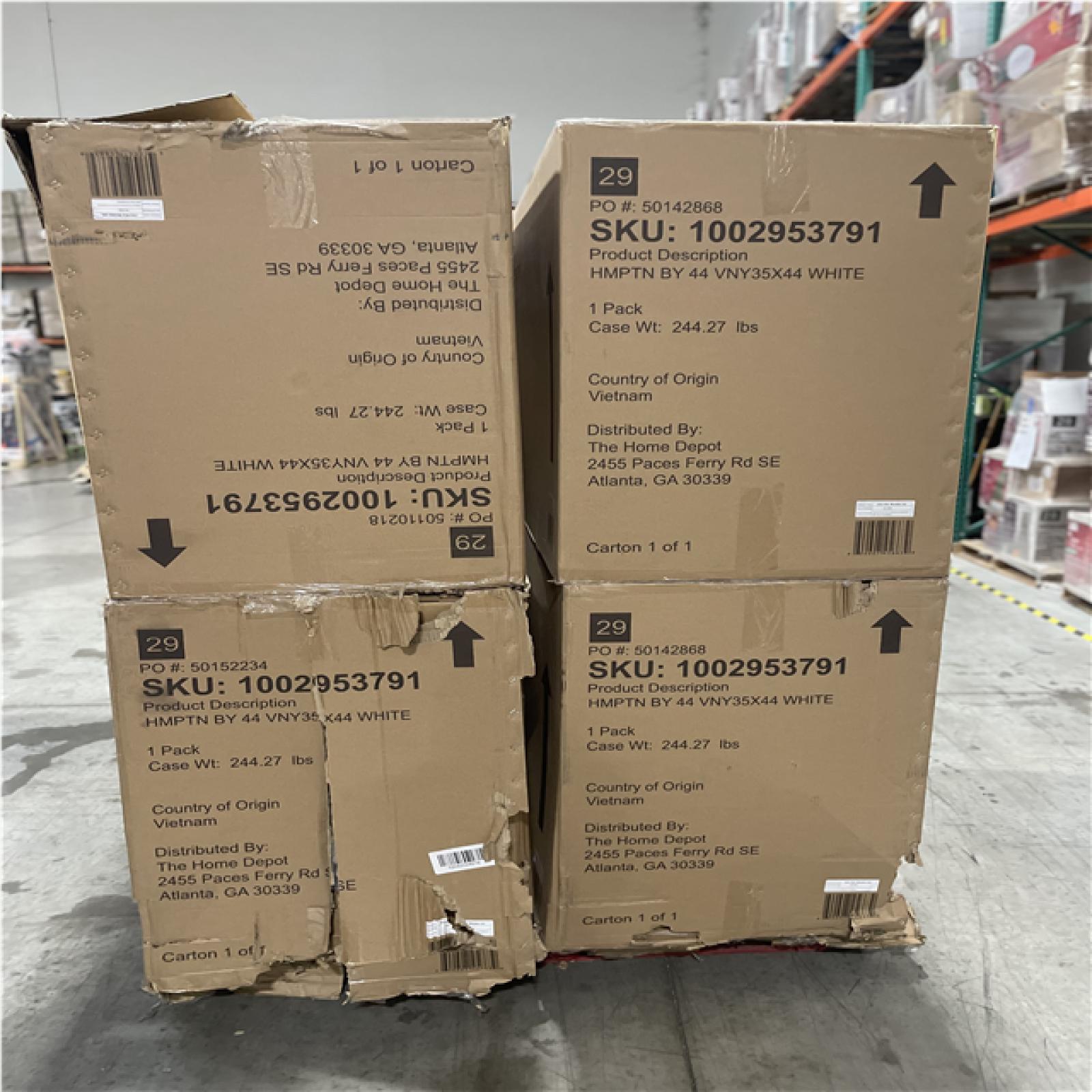 DALLAS LOCATION - AS-IS HAMPTON HARBOR 44 in. W x 22 in. D x 35 in. H Single Sink Freestanding Bath Vanity (WHITE & WHITE MARBLE TOP) (4 CASES)