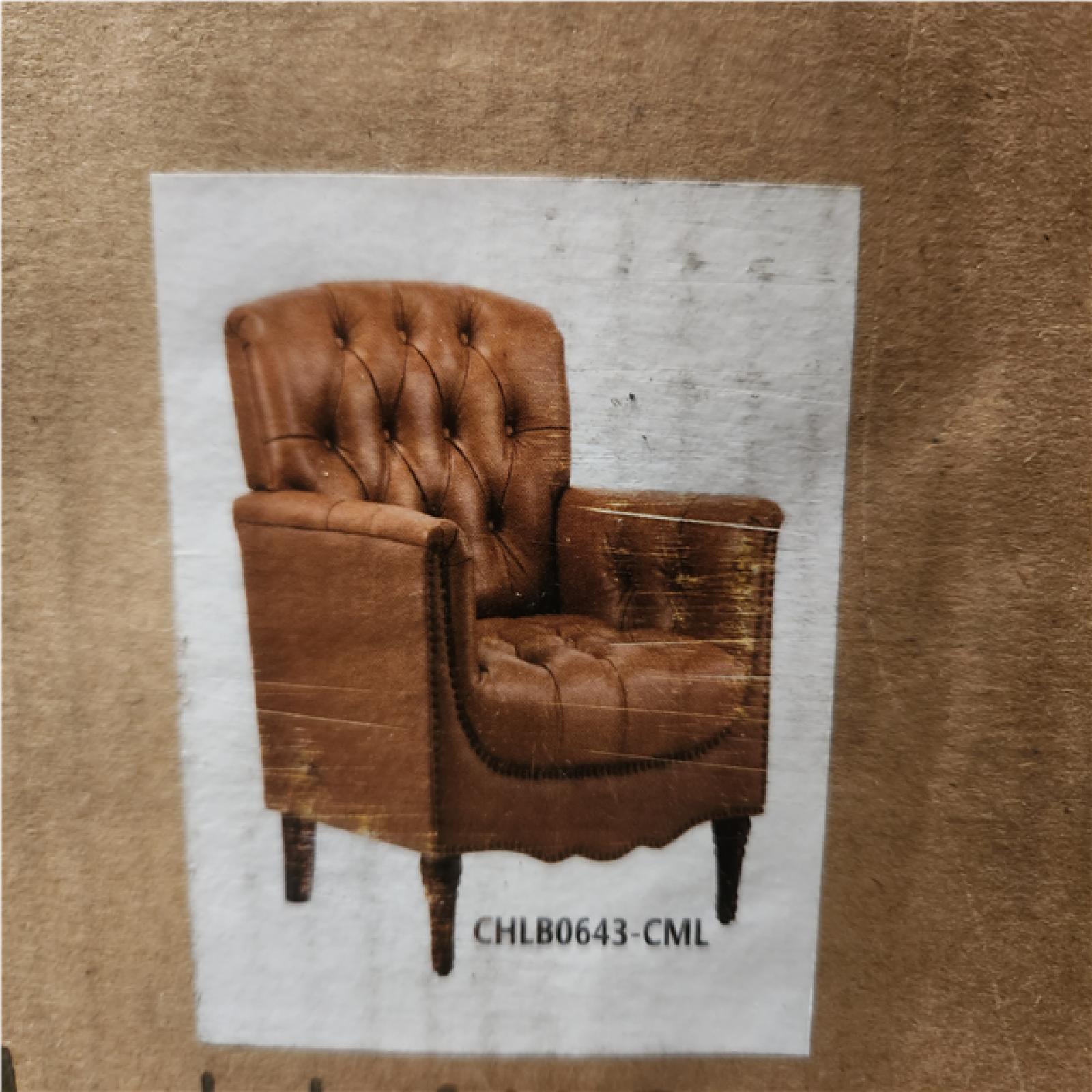 Phoenix NEW JAYDEN CREATION Elijah 32 in. Traditional Camel Button-Tufted Genuine Leather Arm Chair with Solid Wood Legs