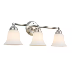 DALLAS LOCATION- AS-IS HAMPTON BAY Ashhurst 3-Light Brushed Nickel Bathroom Vanity Light w/ Frosted Glass Shades (40 UNITS)