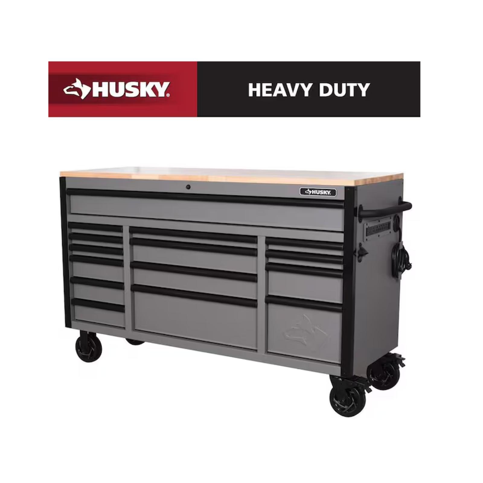 DALLAS LOCATION - Husky Heavy Duty 61 in. W x 23 in. D 15-Drawer Matte Gray Mobile Workbench Cabinet with Solid Wood Top