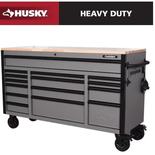 DALLAS LOCATION - Husky Heavy Duty 61 in. W x 23 in. D 15-Drawer Matte Gray Mobile Workbench Cabinet with Solid Wood Top