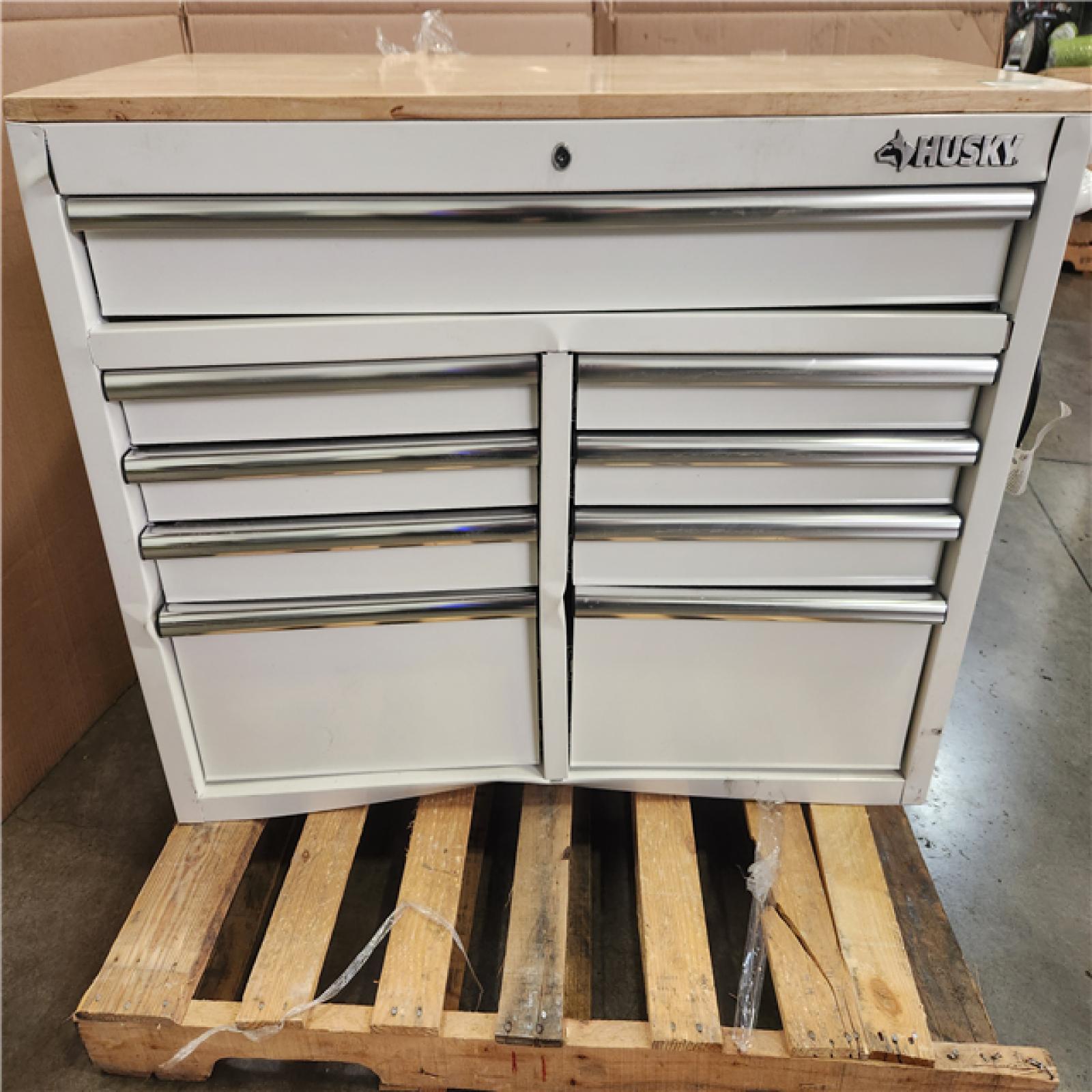 Phoenix AS-IS Husky Tool Storage 46 in. W x 18 in. D 9-Drawer Gloss White Mobile Workbench Cabinet