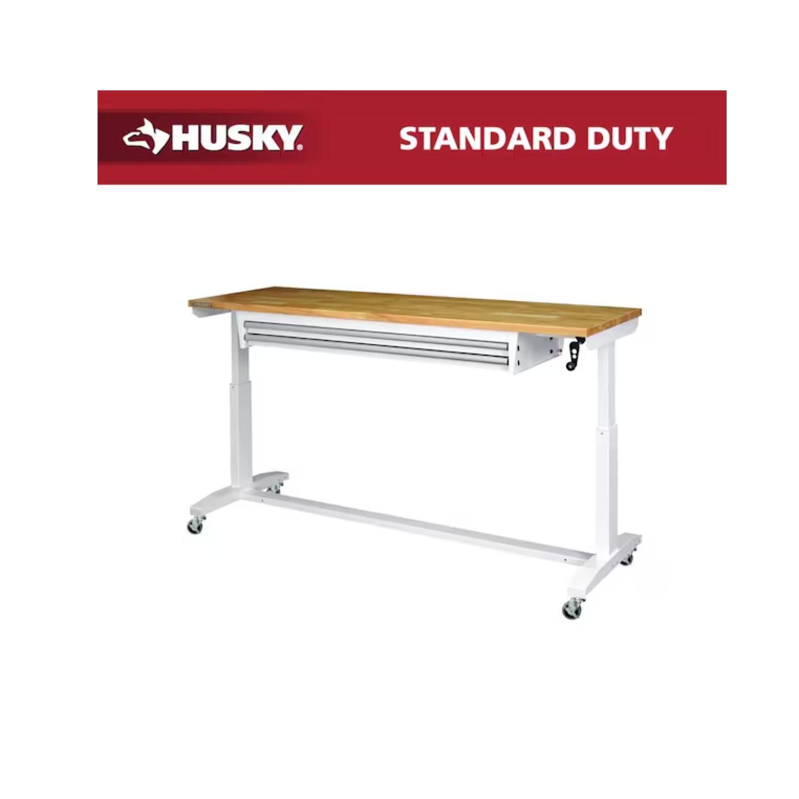 DALLAS LOCATION - Husky 72 in. W x 24 in. D 2-Drawer Adjustable Height White Worktable with Solid Wood Top