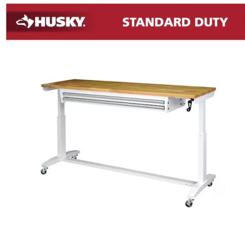 DALLAS LOCATION - Husky 72 in. W x 24 in. D 2-Drawer Adjustable Height White Worktable with Solid Wood Top