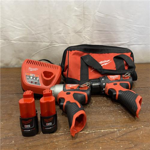 AS-IS Milwaukee 2494-22 M12 Cordless Combination 3/8  Drill / Driver and 1/4  Hex Impact Driver Dual Power Tool Kit (2 Lithium Ion Batteries  Charger  and B