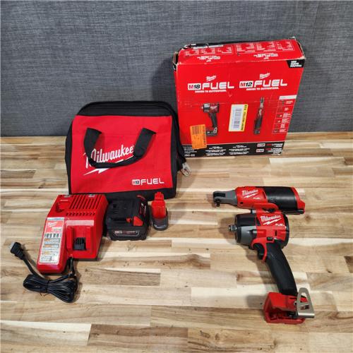 HOUSTON LOCATION - AS-IS (APPEARS LIKE NEW) Milwaukee FUEL 18V Cordless Mid Torque 1/2 in. Impact Wrench w/ M12 FUEL 3/8 in. Ratchet & Battery/Charger Combo Kit