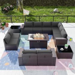 Phoenix NEW Halmuz 13-Piece Wicker Patio Conversation Set with 55000 BTU Gas Fire Pit Table and Glass Coffee Table and Grey Cushions