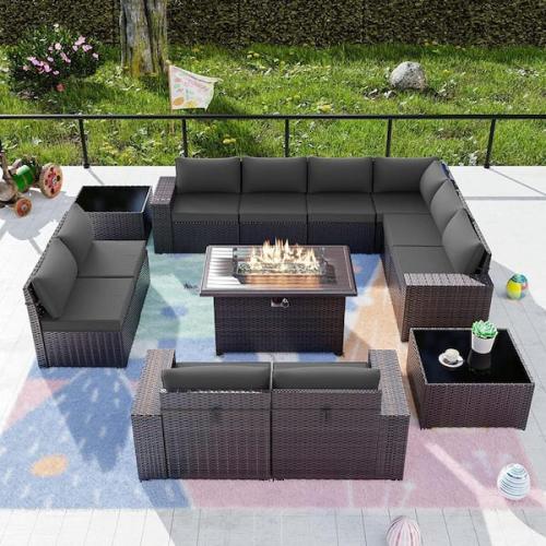 Phoenix NEW Halmuz 13-Piece Wicker Patio Conversation Set with 55000 BTU Gas Fire Pit Table and Glass Coffee Table and Grey Cushions