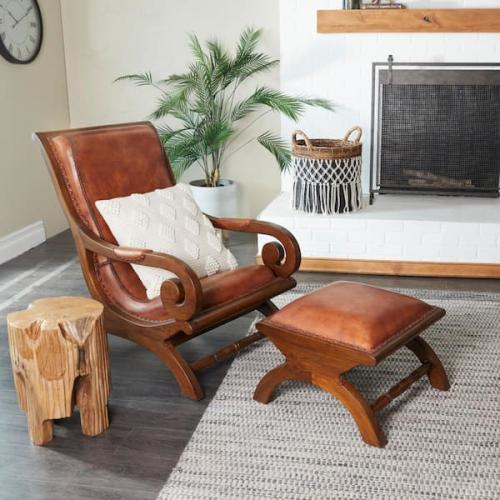 Phoenix NEW Litton Lane Jones Brown Upholstered Leather Teak Wood Accent Chair with Ottoman with Scrollwork and High Back