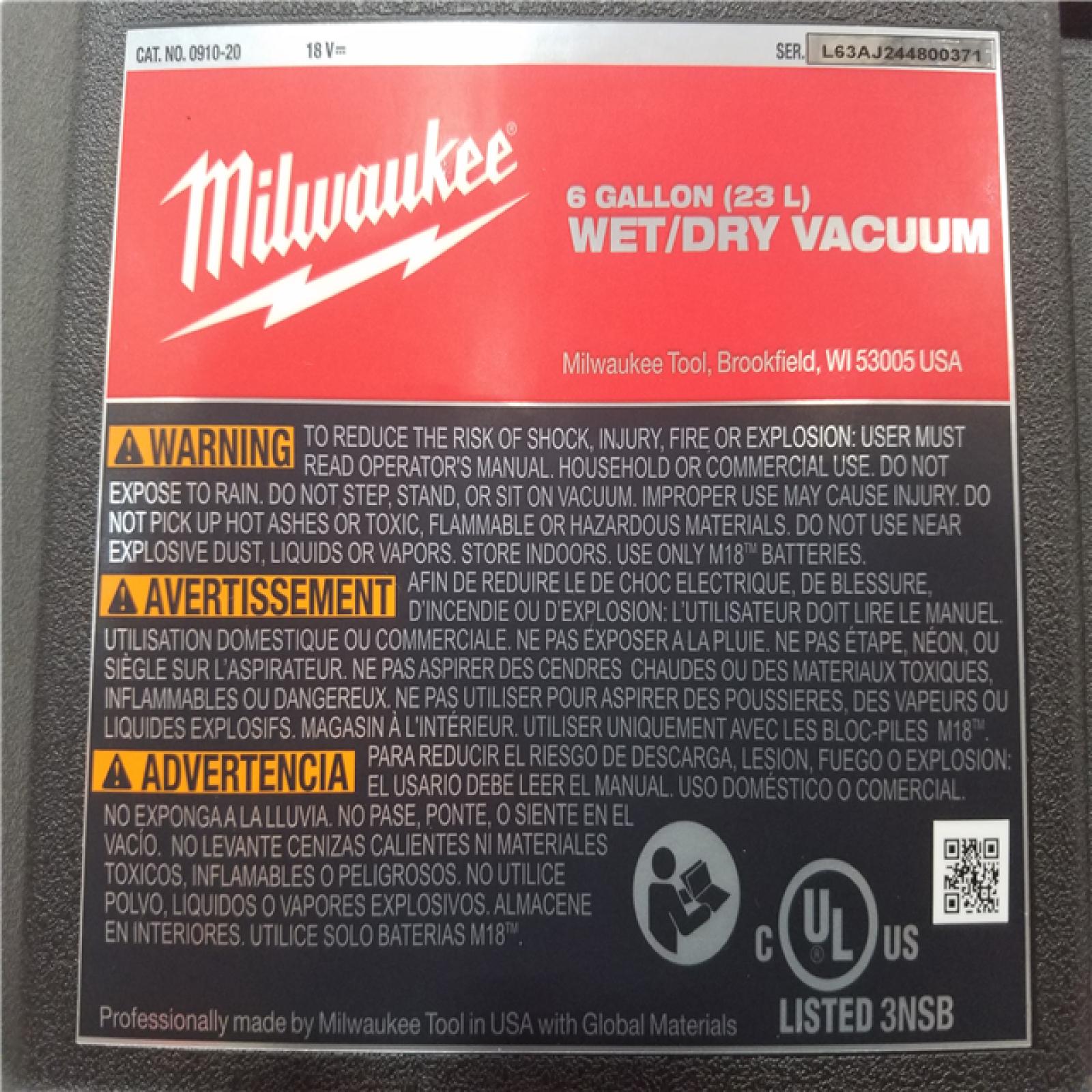 California NEW Milwaukee 6-Gallon Wet/Dry Vacuum (Tool Only)