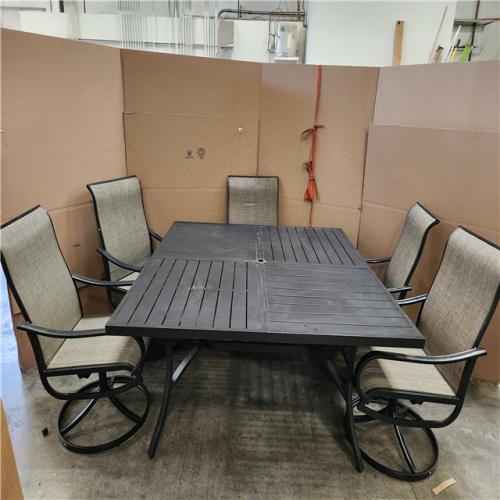 Phoenix AS-IS Black 6-Piece Metal Patio Outdoor Dining Set with Slat Square Table and Textilene Swivel Chairs