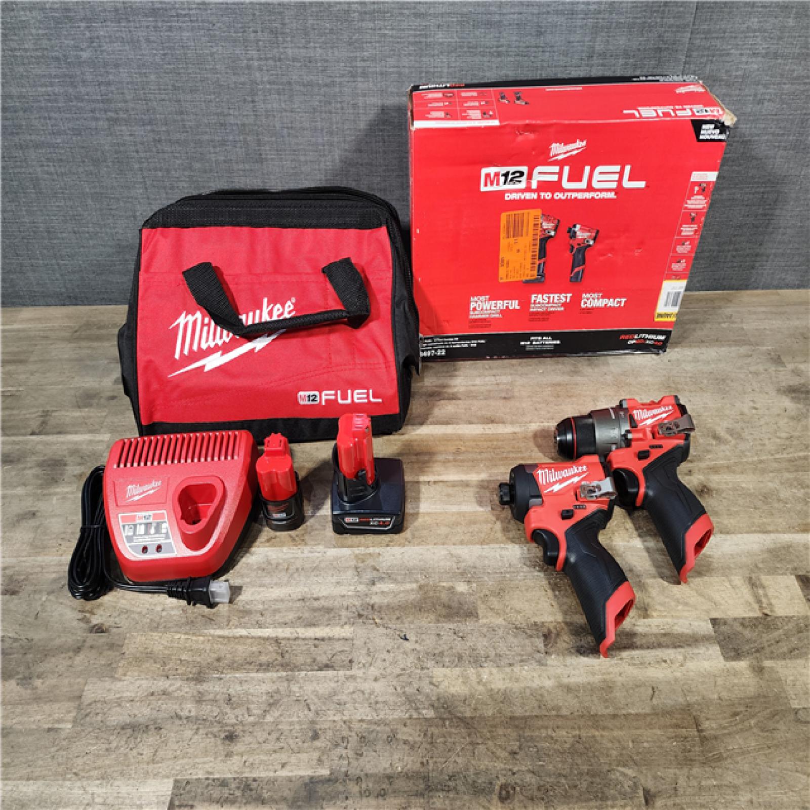 HOUSTON LOCATION - AS-IS Milwaukee M12 FUEL Cordless 2-Tool Combo Kit: 1/2Hammer Drill  1/4Hex Impact Driver 3497-22