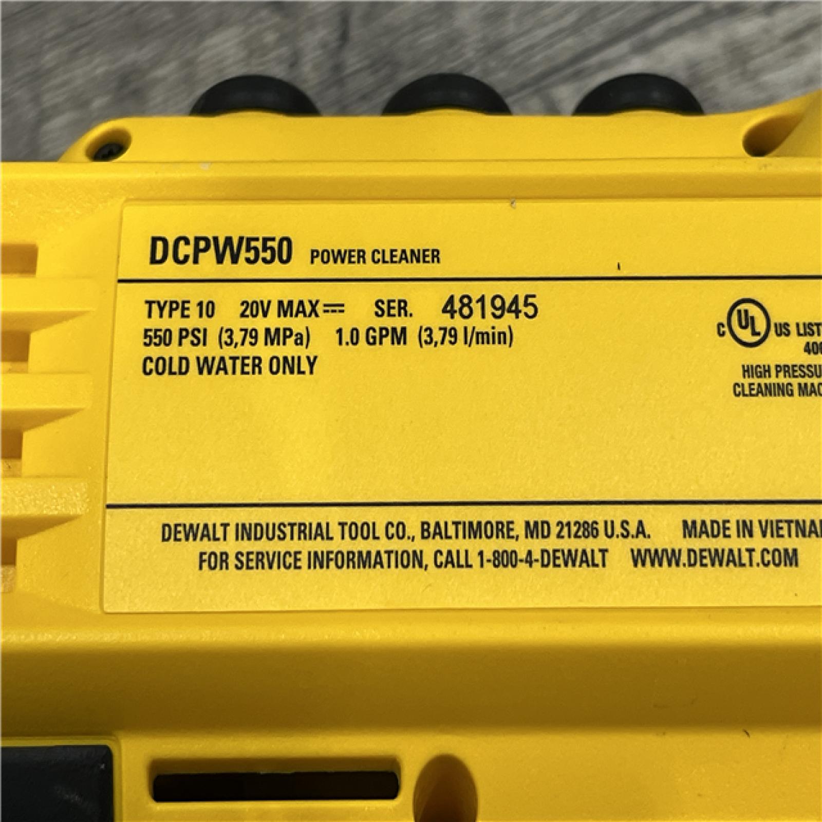 AS-IS DEWALT 20V MAX 550 PSI 1.0 GPM Cold Water Cordless Power Cleaner with 4-Nozzles (Tool Only)