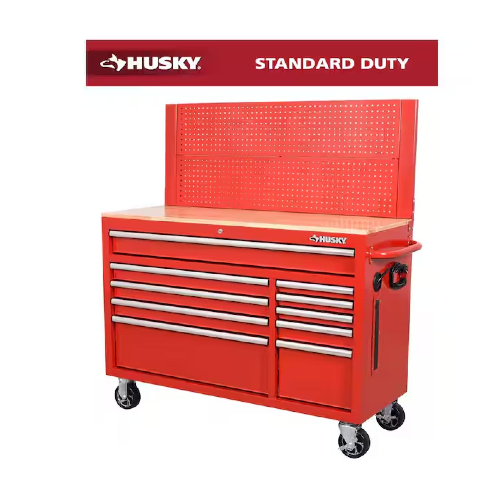 DALLAS LOCATION - Husky 52 in. W 10-Drawer Gloss Red Mobile Workbench Cabinet with Solid Wood Top and Pegboard
