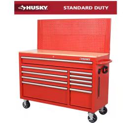 DALLAS LOCATION - Husky 52 in. W 10-Drawer Gloss Red Mobile Workbench Cabinet with Solid Wood Top and Pegboard
